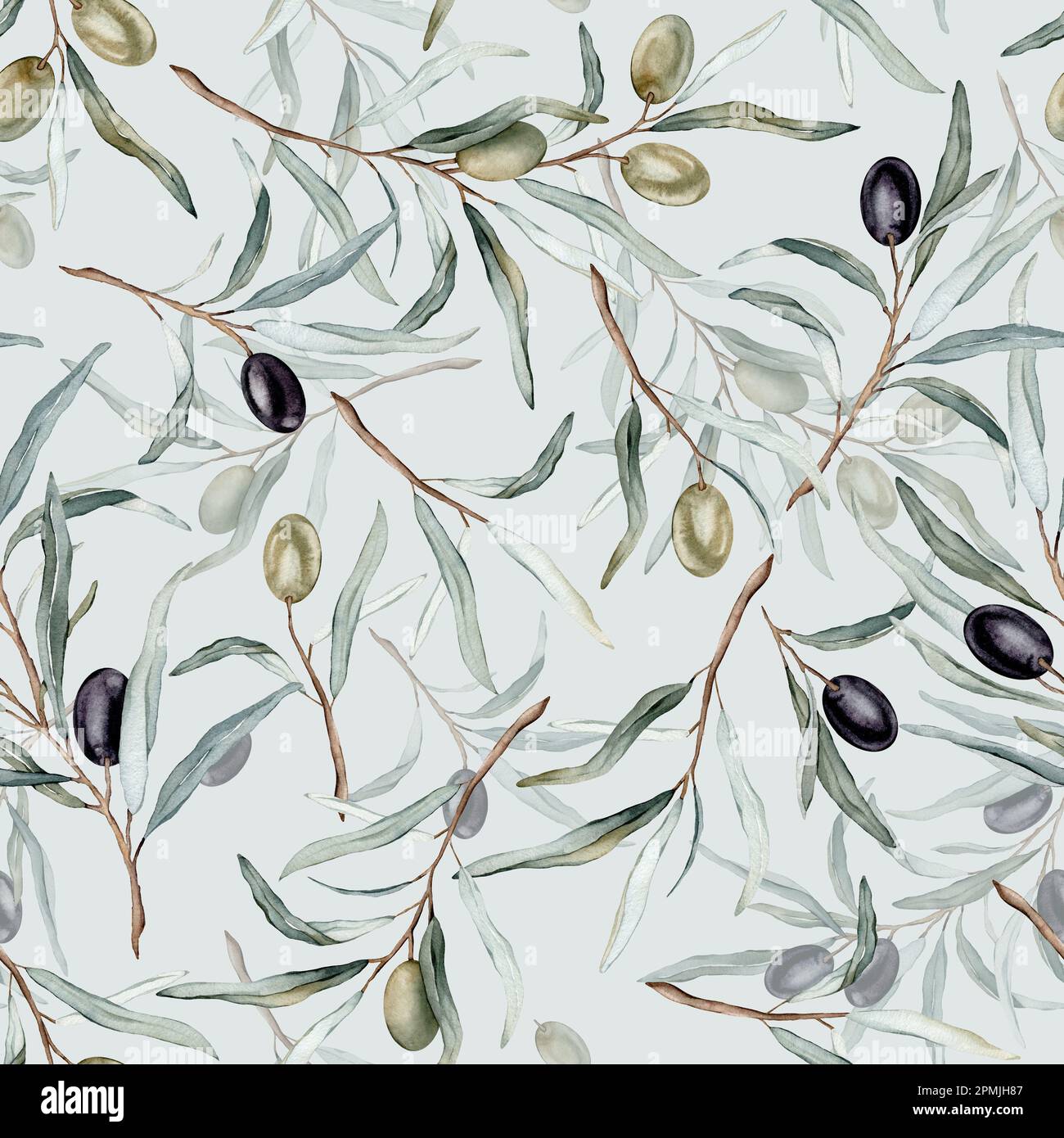 Watercolor seamless pattern with black and green olives and branch ...