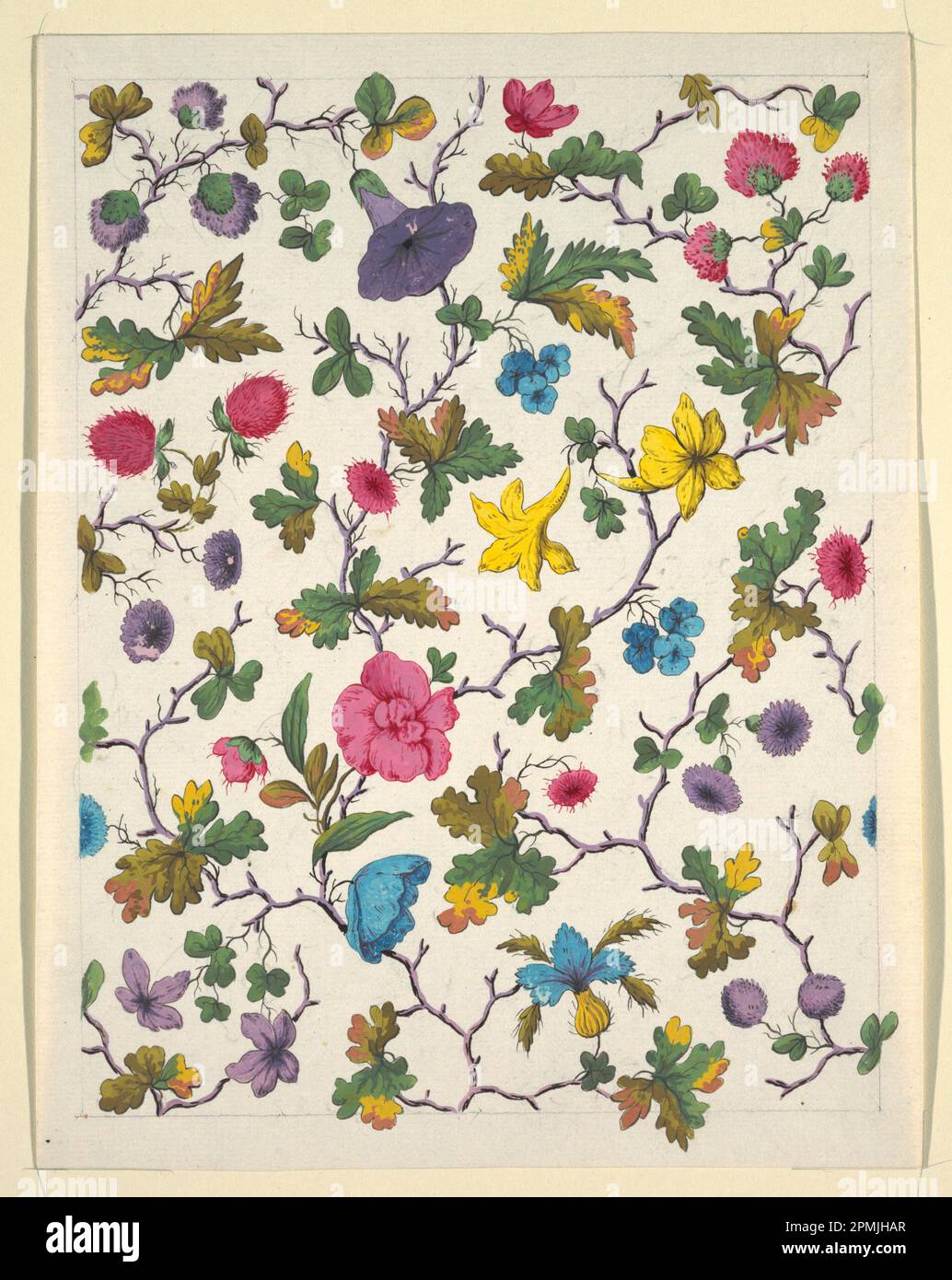 Drawing, Floral design for printed textile; Designed by Louis-Albert DuBois (Swiss, 1752–1818); France; brush and gouache, graphite on white wove paper; Sheet: 27.4 x 21.2 cm (10 13/16 x 8 3/8 in.) Image: 25 x 19.3 cm (9 13/16 x 7 5/8 in.) Stock Photo