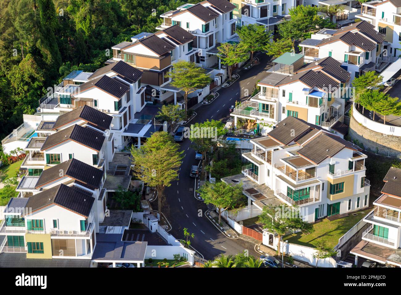 Aerial view of modern homes in a housing real estate development in Batu Ferringhi, Penang 