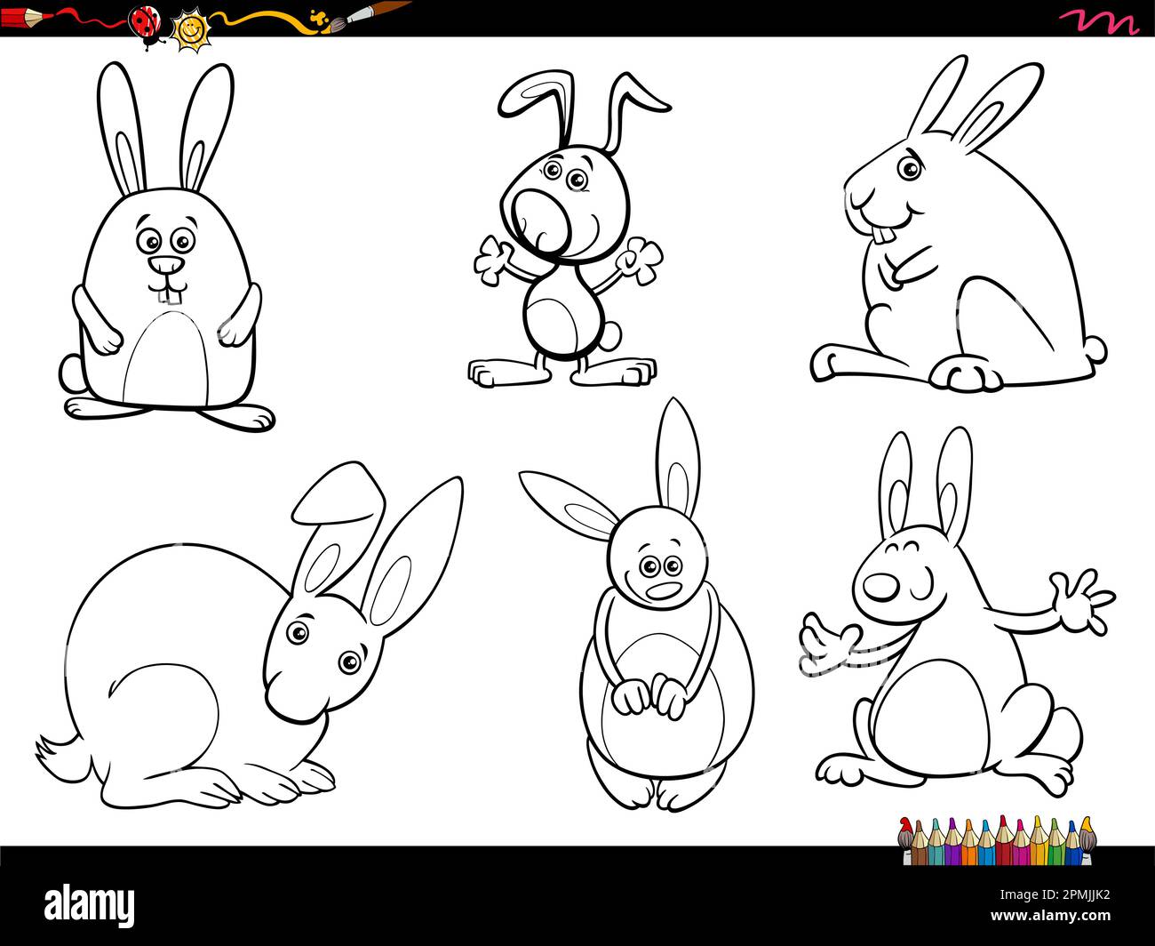 Black and white cartoon illustration of rabbits animal characters set coloring page Stock Vector