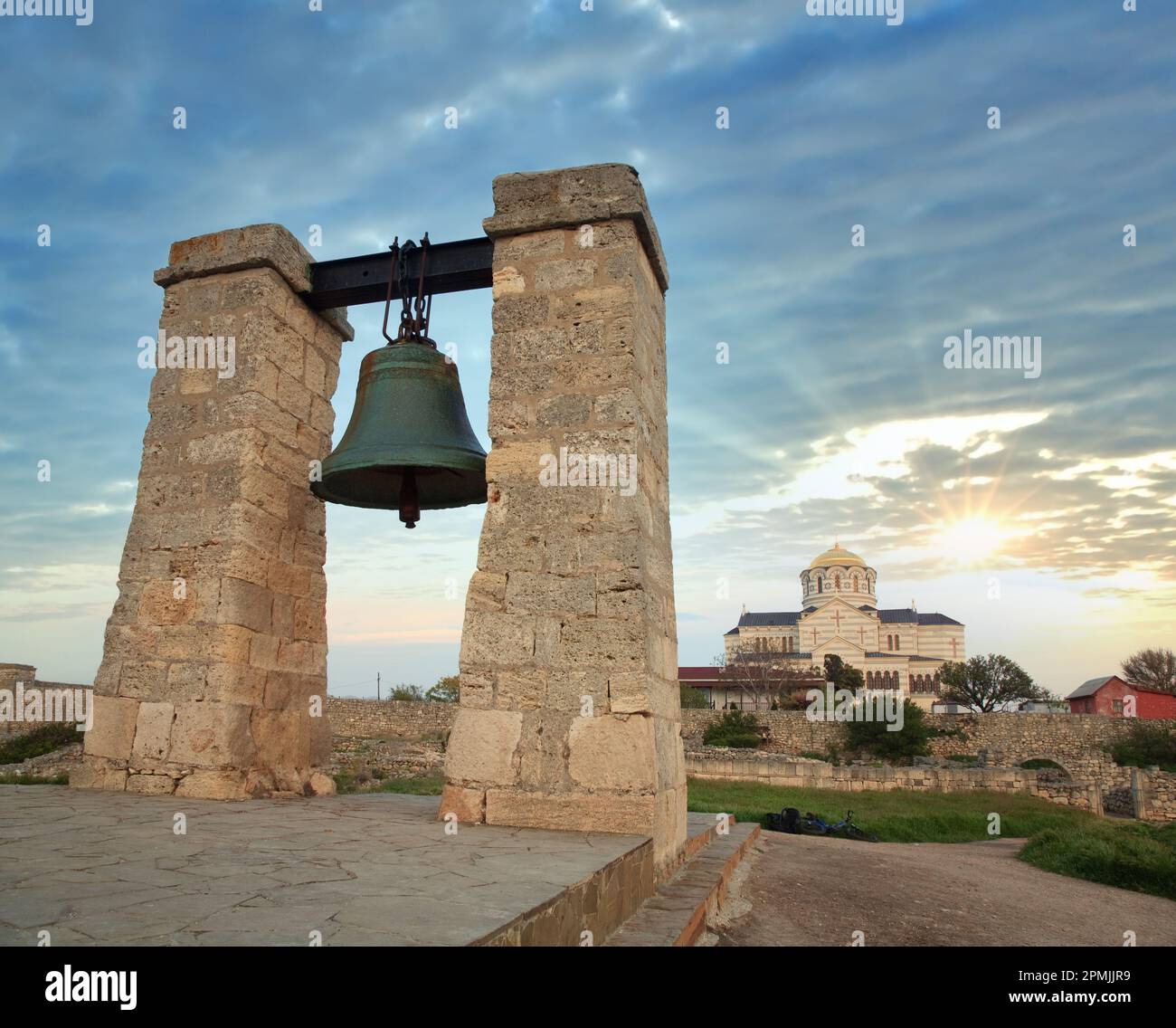 Evening the bell of Chersonesos (ancient town) and St Vladimir's Cathedral (Sevastopol, Crimea, Ukraine) Stock Photo