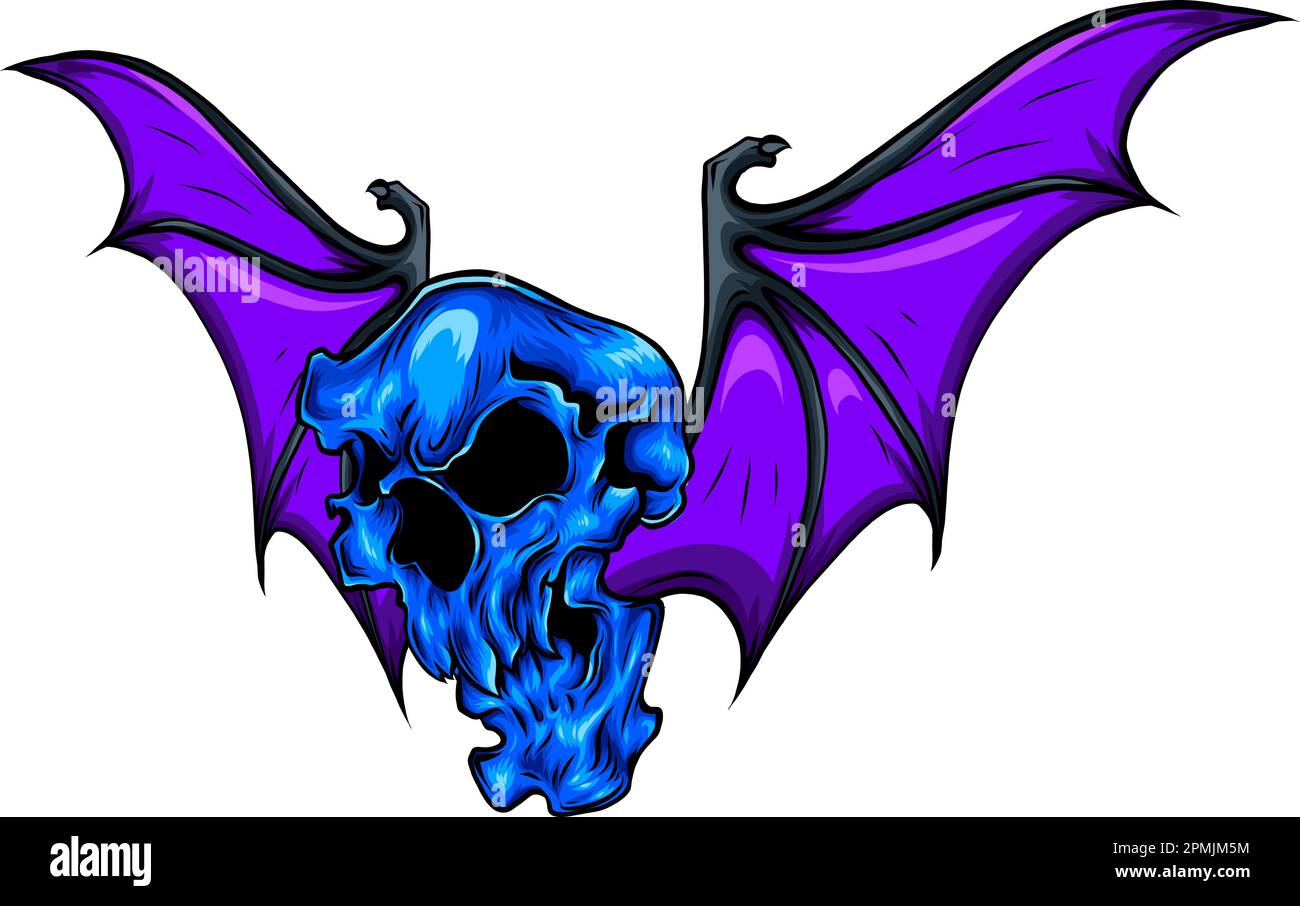 vector illustration of skull and bat wing on white background. digital hand draw Stock Vector