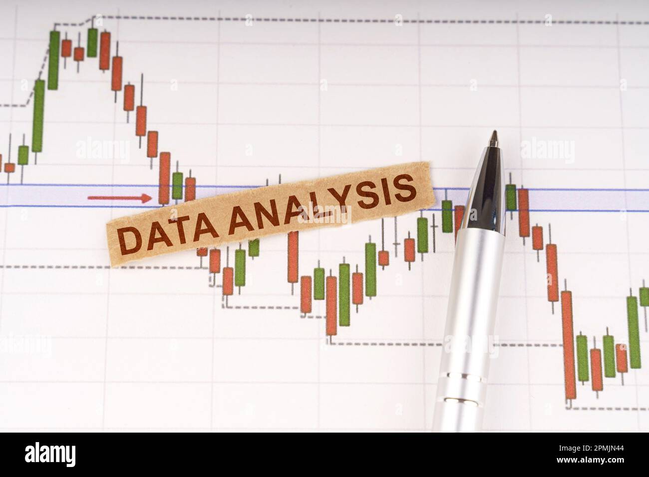 Business concept. On the chart of business quotes lies a pen and torn paper with the inscription - DATA ANALYSIS Stock Photo