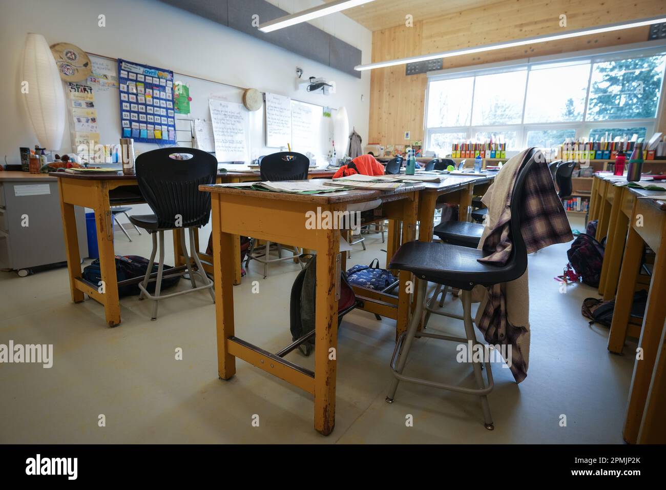 Vancouver, Canada. 13th Apr, 2023. Desks are seen in an elementary
