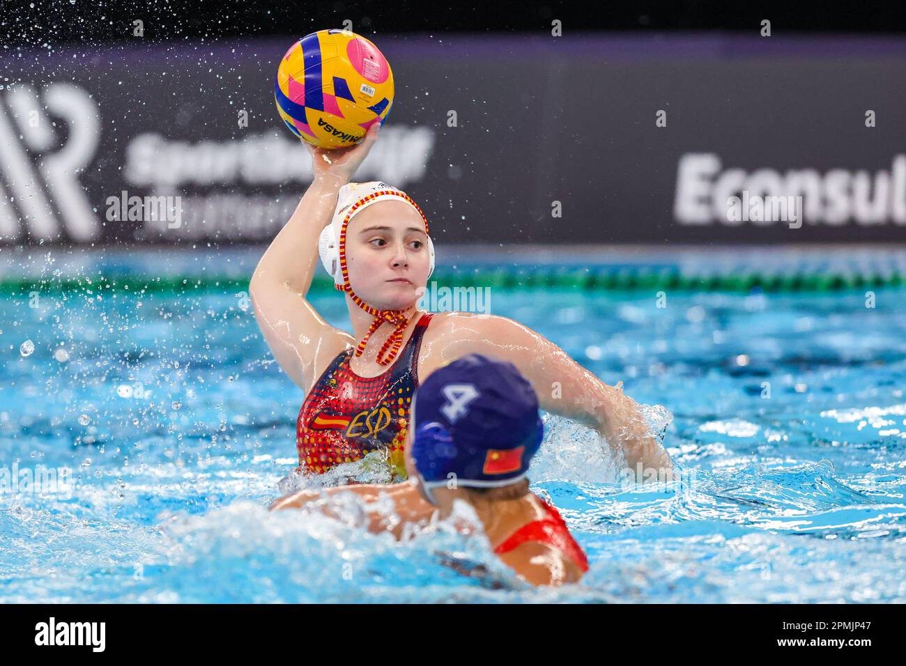 ROTTERDAM, NETHERLANDS - APRIL 13: Elena Ruiz Barril of Spain, Dunhann Xiong of China during the Women’s Waterpolo World Cup 2023, Division 1 match USA v Italy on April 13, 2023 in Rotterdam, Netherlands (Photo by Albert ten Hove/Orange Pictures) Stock Photo