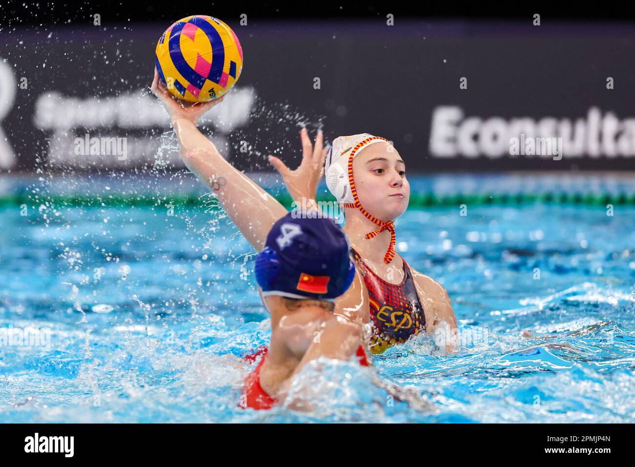 ROTTERDAM, NETHERLANDS - APRIL 13: Dunhann Xiong of China, Elena Ruiz Barril of Spain during the Women’s Waterpolo World Cup 2023, Division 1 match USA v Italy on April 13, 2023 in Rotterdam, Netherlands (Photo by Albert ten Hove/Orange Pictures) Stock Photo