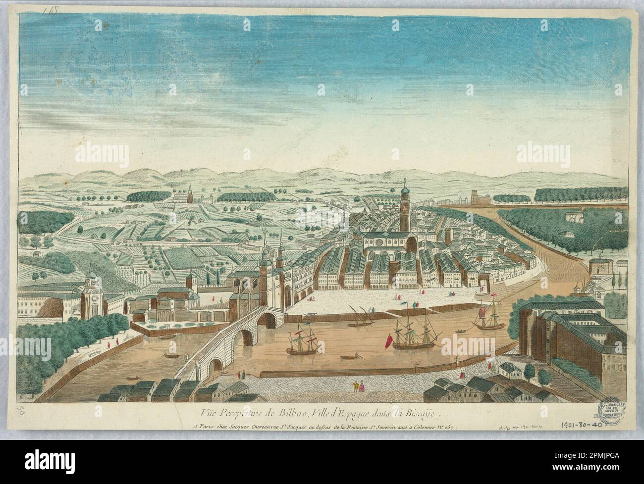 Print, Peep-show, Vuë Perspective de Bilbao, Ville d'Espagne dans la Biscaye; France; engraving in ink with washes of watercolor on paper, mounted on scrapbook page; 28.4 × 41.9 cm (11 3/16 × 16 1/2 in.) Stock Photo