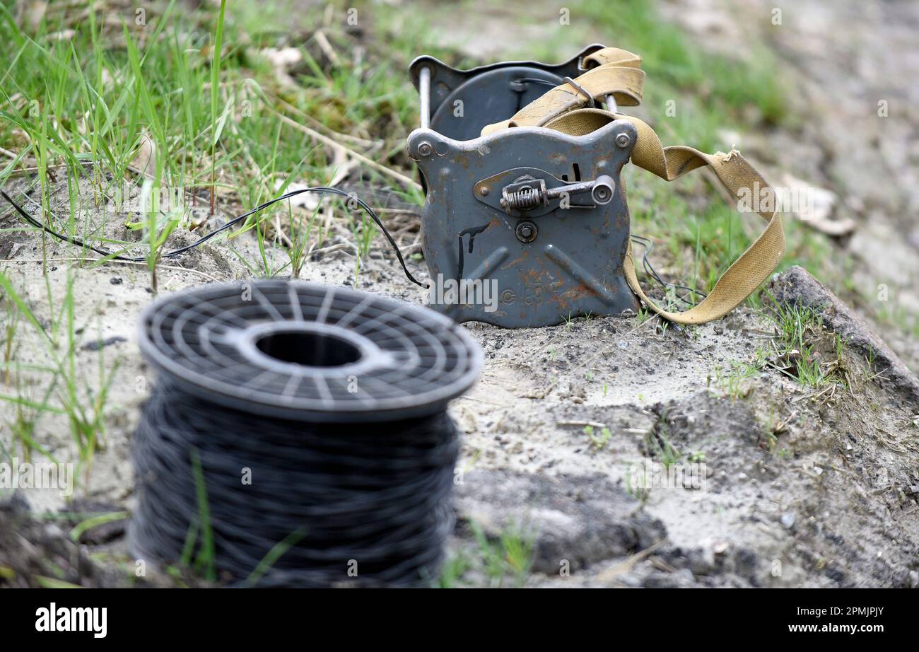 KYIV, UKRAINE - APRIL 13, 2023 - Works on the destruction of explosive ordnance discovered in the de-occupied territory of Kyiv Region, capital of Ukraine. Stock Photo