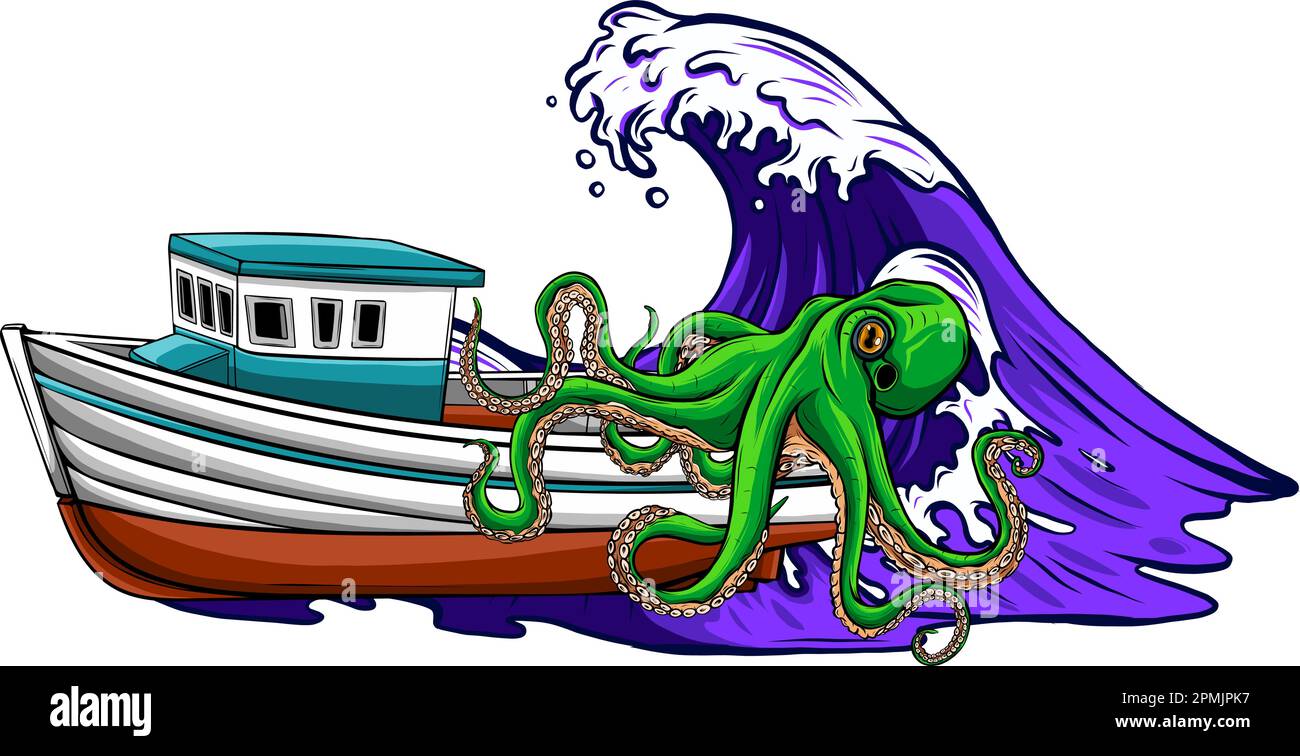 vector illustration of sailing ship and kraken giant octopus on white