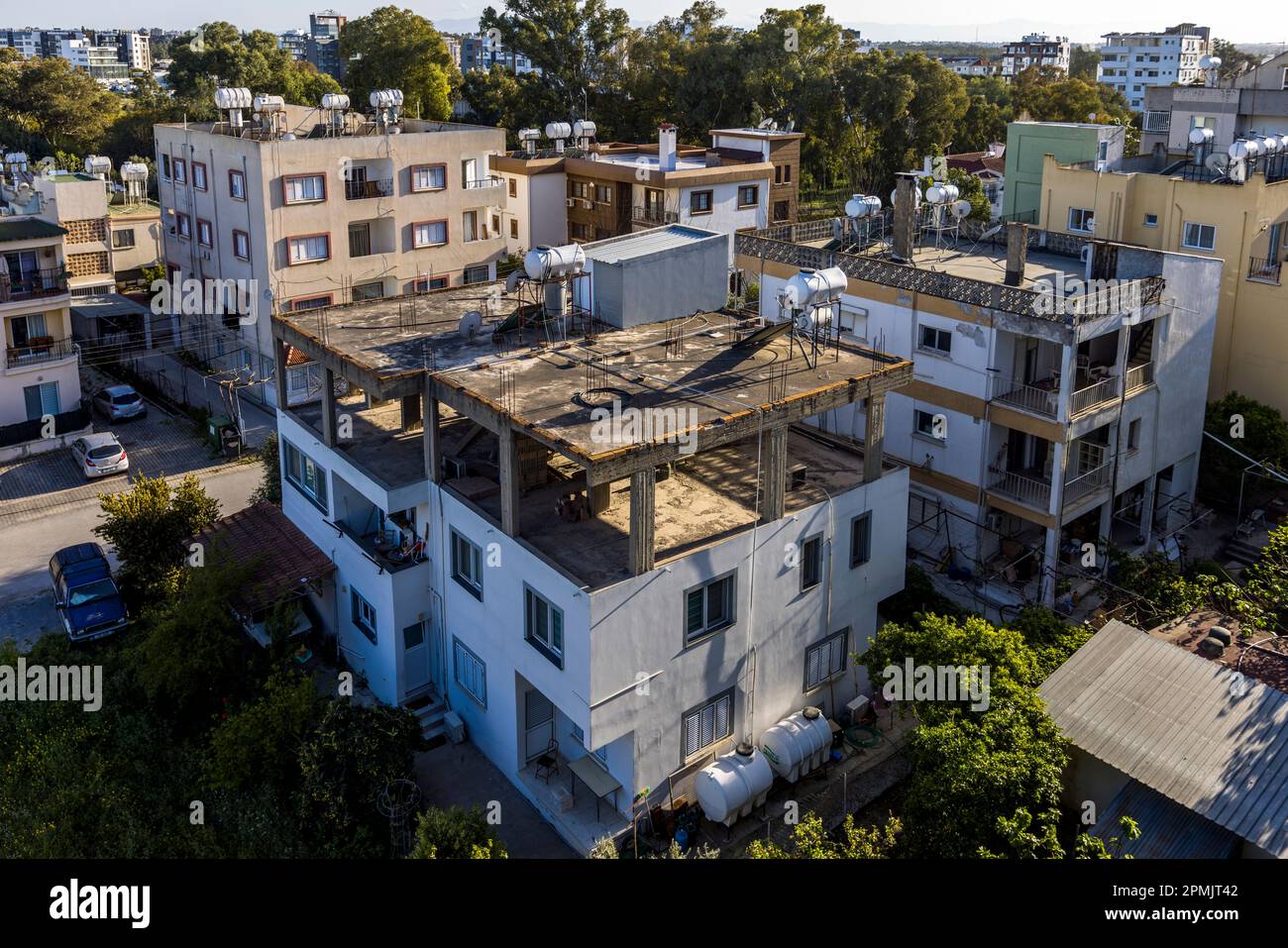 Many houses built by Turks in Cyprus are prepared to have another floor added to them. Nicosia, Cyprus Stock Photo