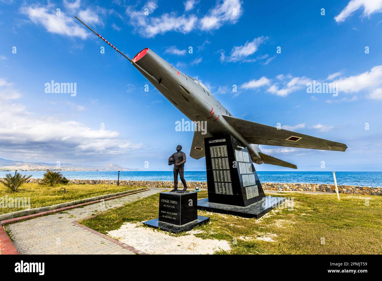 Monument to former pilot Cengiz Topel, who dropped napalm on Cyprus on the side of Turkey. Karavostasi, Cyprus Stock Photo