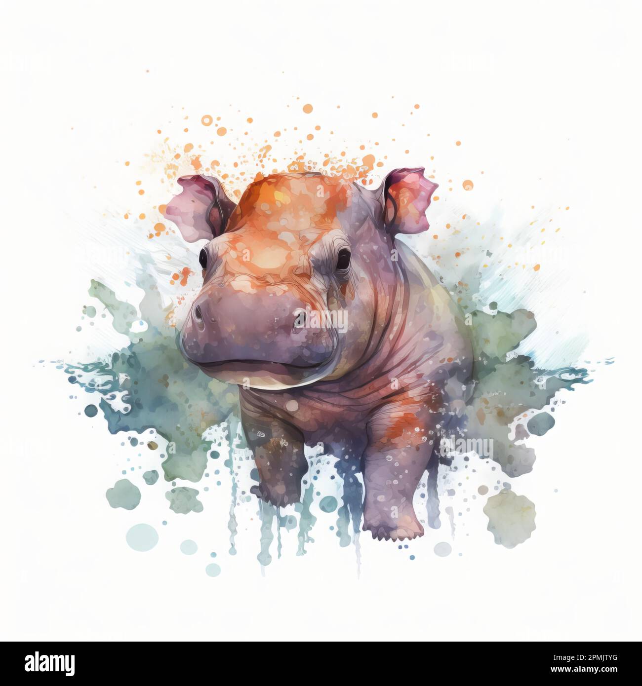 Cute baby hippo. Watercolor painting of a cute baby hippo on a white