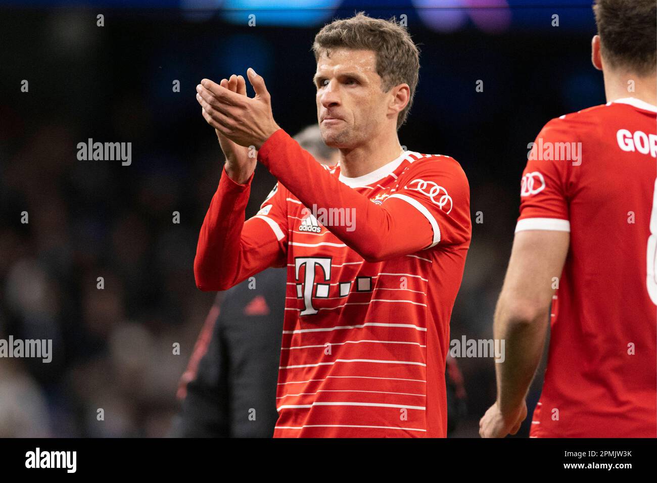 Manchester, UK. 11th Apr, 2023. Thomas Müller of Bayern Munich thanks Bayern fans after the UEFA Champions League quarterfinal first leg match between Manchester City and FC Bayern München at Etihad Stadium on April 11, 2023 in Manchester, United Kingdom. (Photo by Richard Callis/SPP) Credit: CORDON PRESS/Alamy Live News Stock Photo