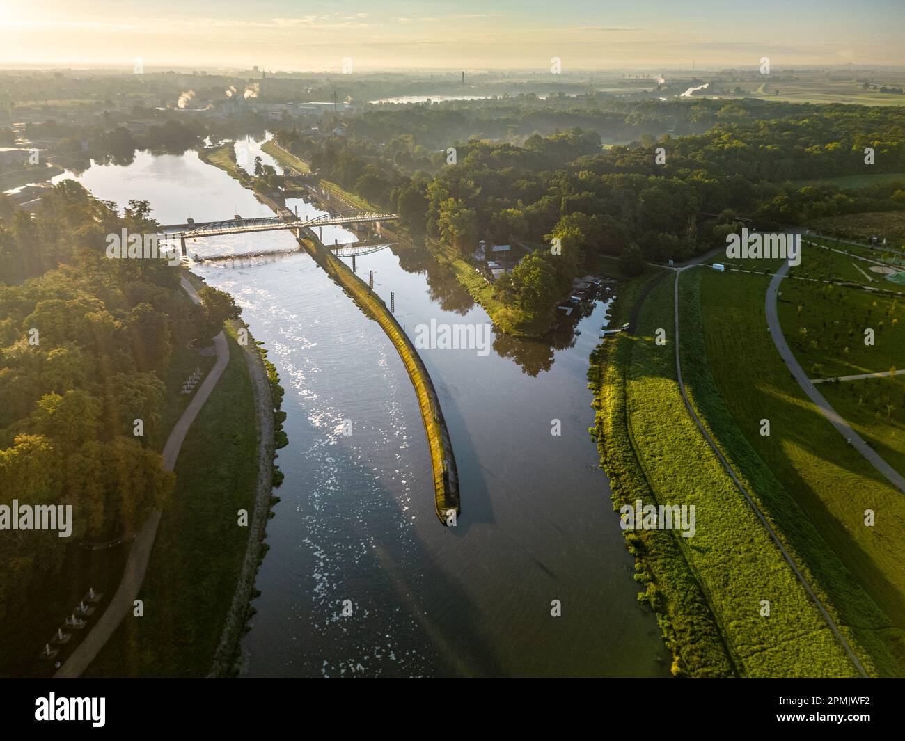 An aerial view of a winding river and bridge to Bolko Island, Irena Sendler, Opole, Poland Stock Photo