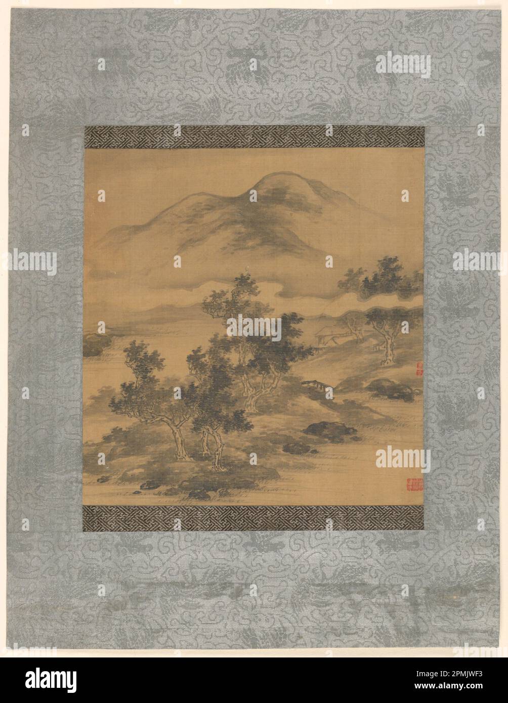 Drawing, Mountain Landscape; brush and black ink on silk, mounted, and with a gray brocade mat; 27.2 x 25.9 cm (10 11/16 x 10 3/16 in.), mat: 49 x 37.5 cm (19 5/16 x 14 3/4 in.) Stock Photo