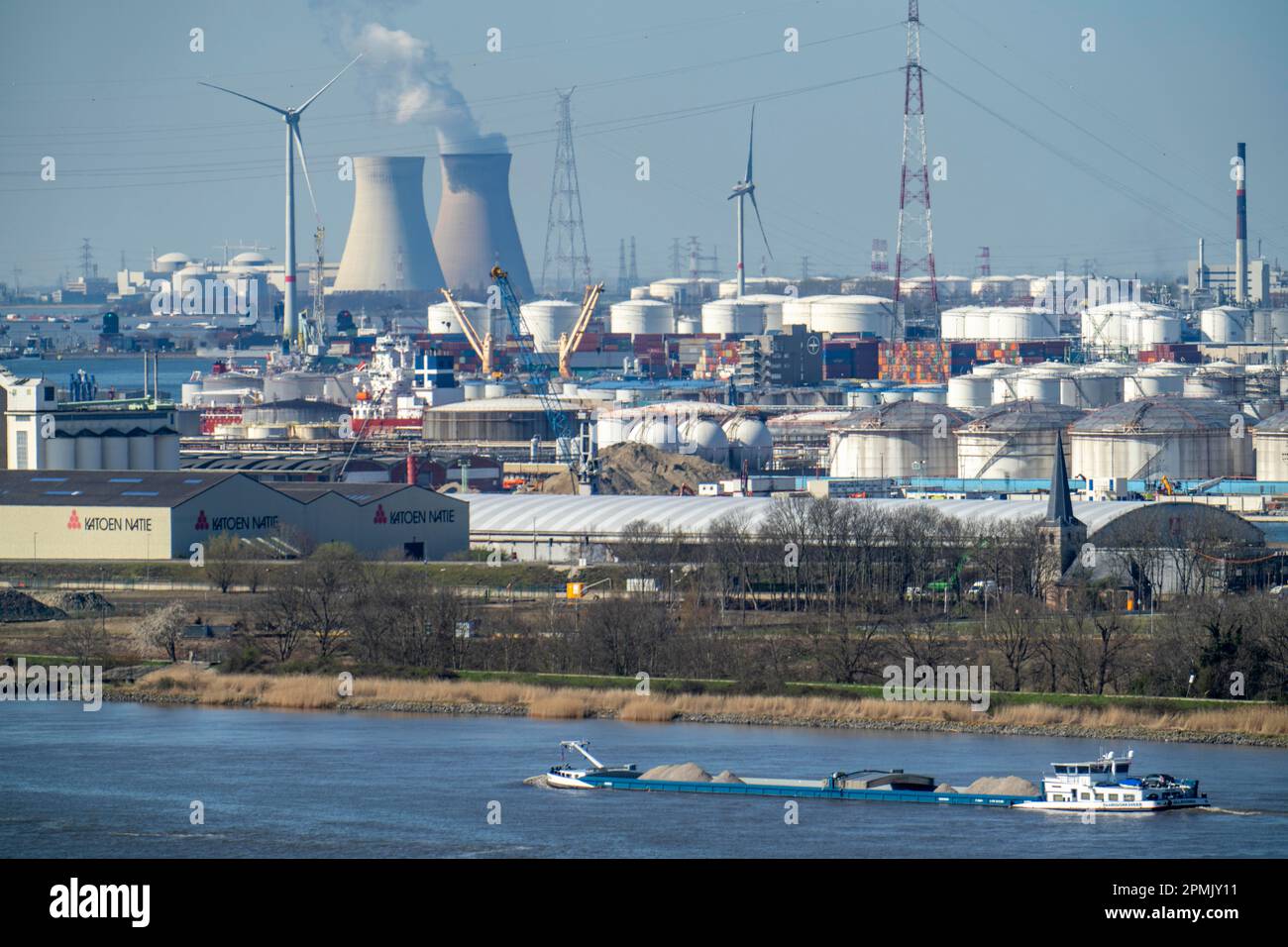 The port of Antwerp, on the Scheldt, is considered the second largest seaport in Europe, behind the Doel nuclear power plant, Flanders, Belgium Stock Photo