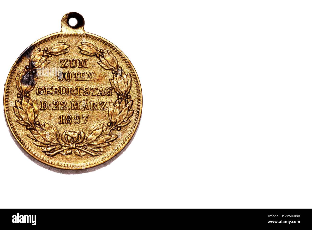Gold coloured vintage medal 1887 90th Birthday Wilhelm I Deutscher Kaiser Medal Medallion Coin Commemorative BACK Stock Photo