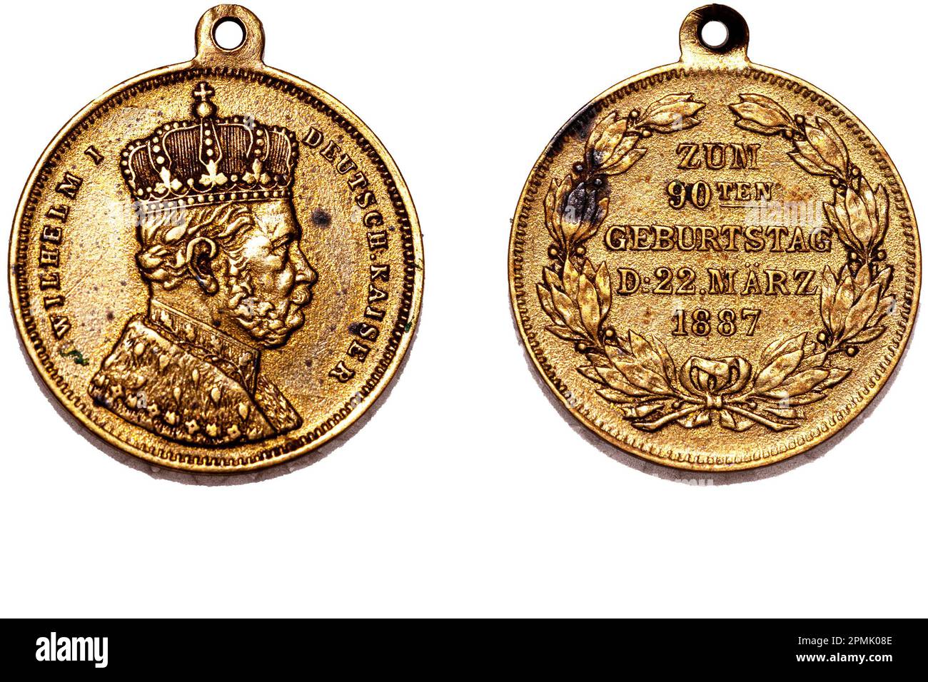 Gold coloured vintage medal 1887 90th Birthday Wilhelm I Deutscher Kaiser Medal Medallion Coin Commemorative BACK AND FRONT Stock Photo