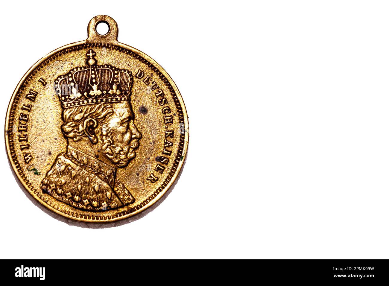Gold coloured vintage medal 1887 90th Birthday Wilhelm I Deutscher Kaiser Medal Medallion Coin Commemorative FRONT Stock Photo