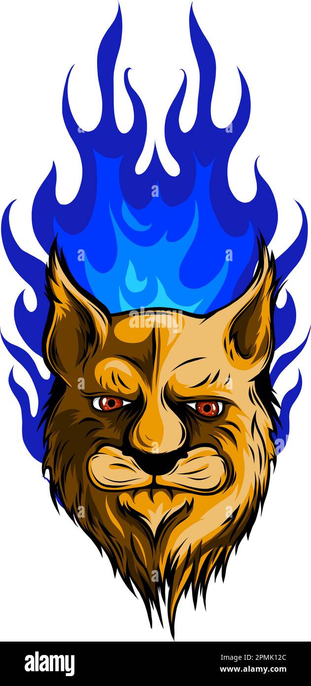 Roaring Mountain Lion Head With Fire Flames Vector Illustration On