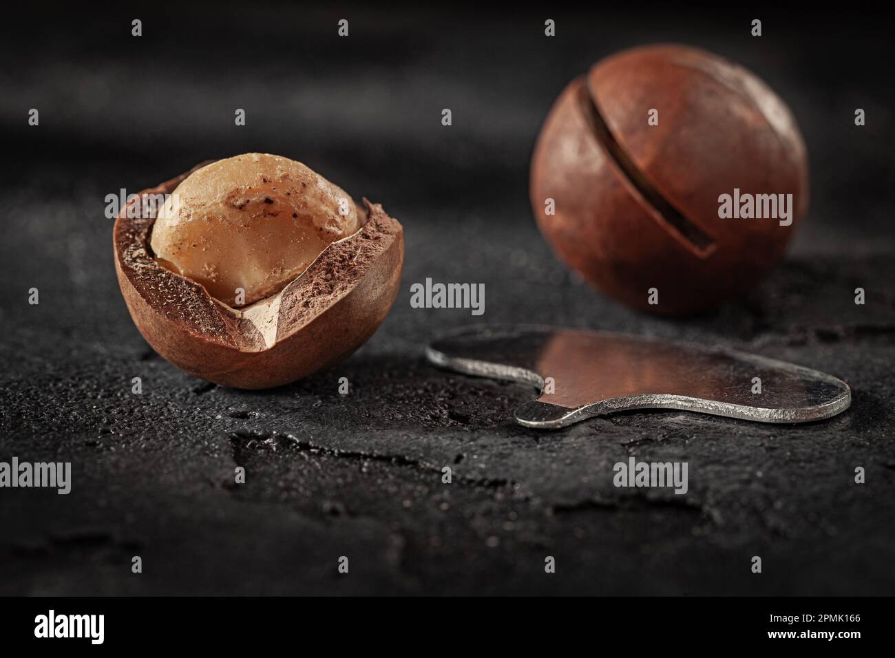 Opened Macadamia Nut On Dark Black Slate Sotone Surface Stock Photo