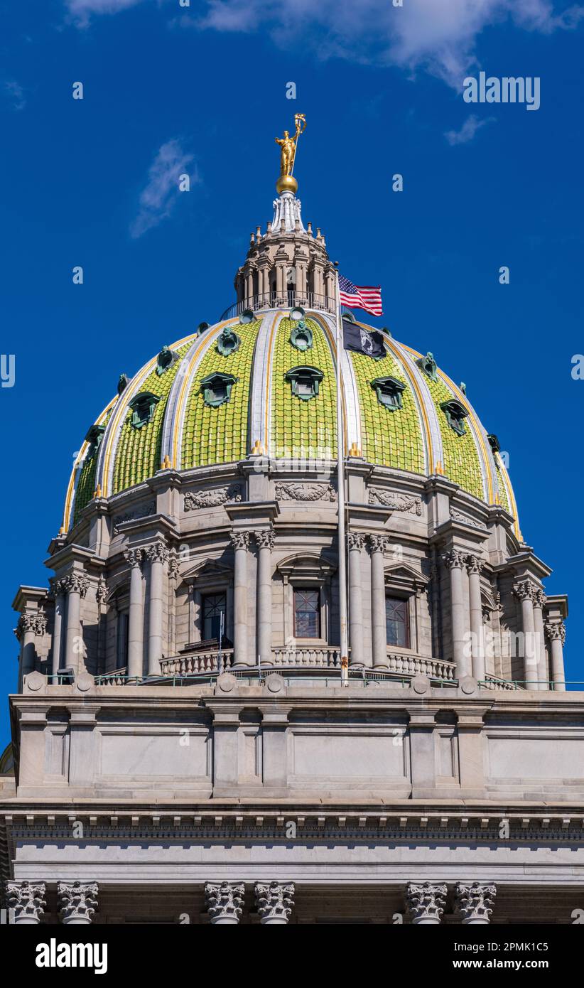 Harrisburg, PA - September 26, 2021: Telephoto view of the dome of  the Beaux-Arts Pennsylvania State Capitol building, on the National Register of Hi Stock Photo