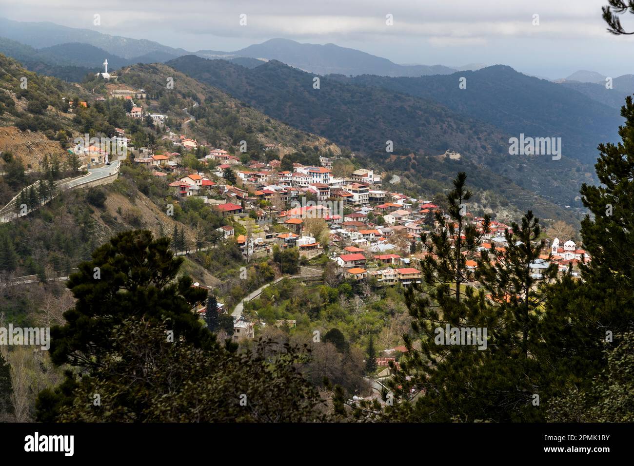 Hiking in the Troodos Mountains. Pedoulas, Cyprus. Mountain village Pedhoulas, Cyprus, at the foothills of the Troodos Mountains Stock Photo