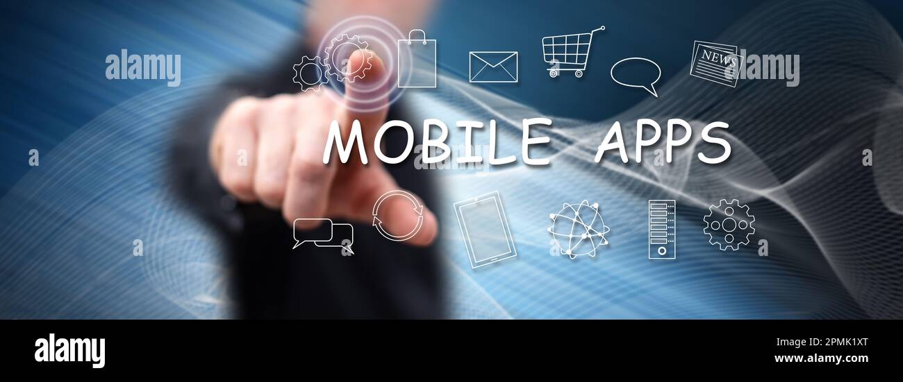 Man touching a mobile apps concept on a touch screen with his finger ...