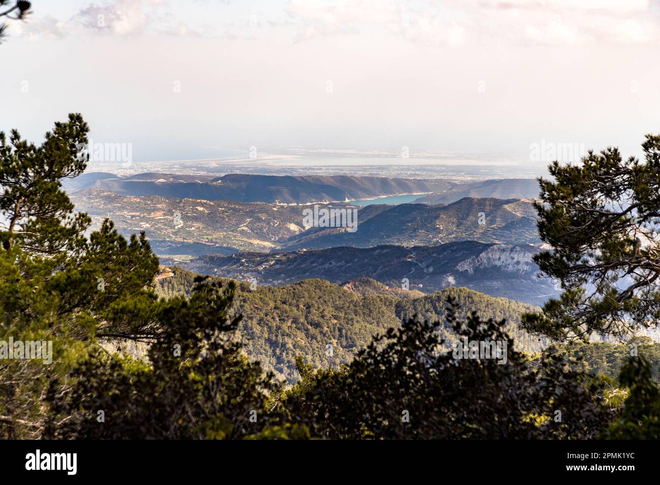 View from Pano Platres in the Troodos Mountains to the south to the Limassol Salt Lake. The area of the lake belongs to the British Overseas Territory of Akrotiri and Dekelia in Cyprus Stock Photo