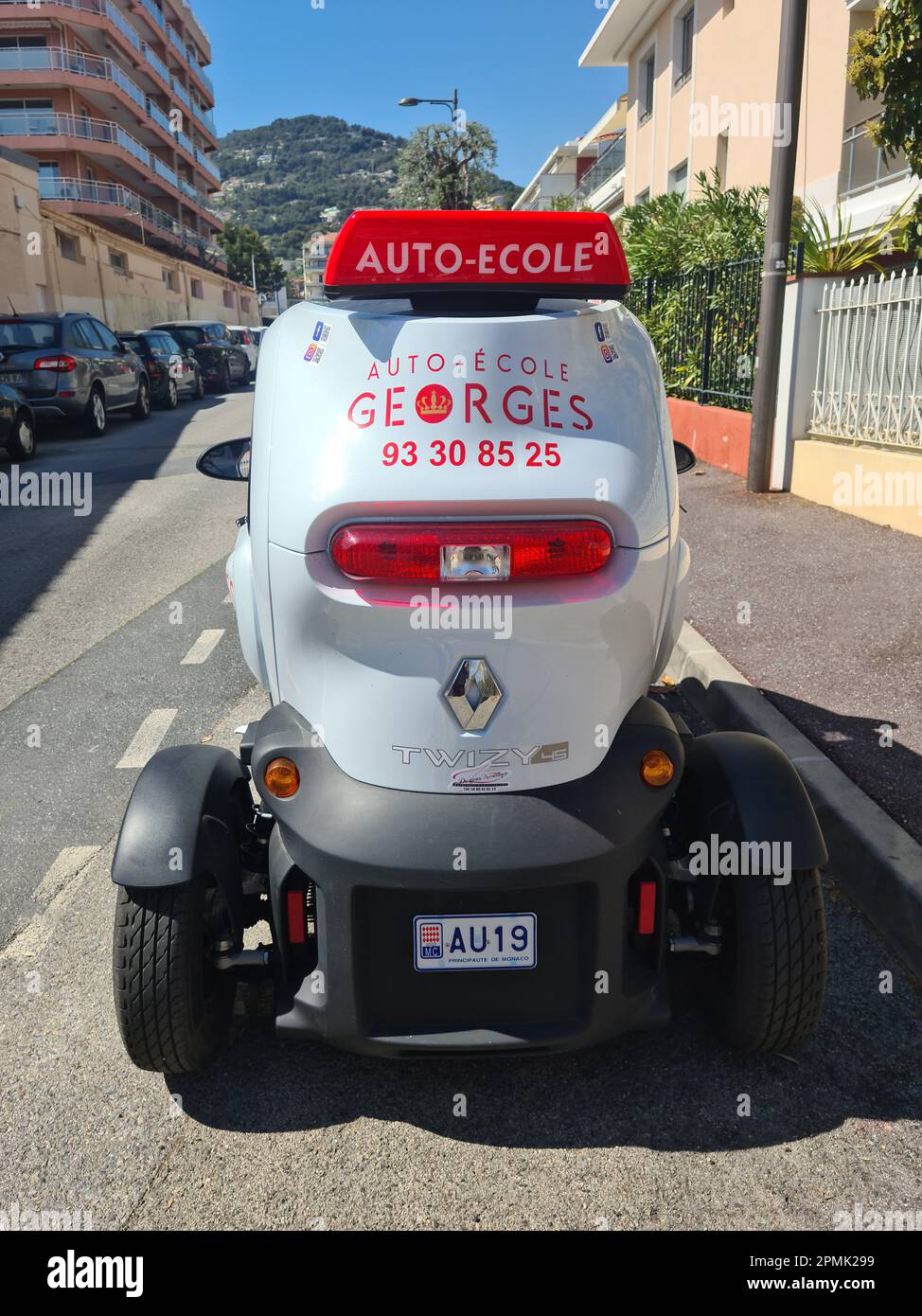 Roquebrune-Cap-Martin, France, 15 Aprilr 2022:  Renault Twizy 45 electric car, used by the Georges Driving School in Monaco, captured in scenic Roqueb Stock Photo