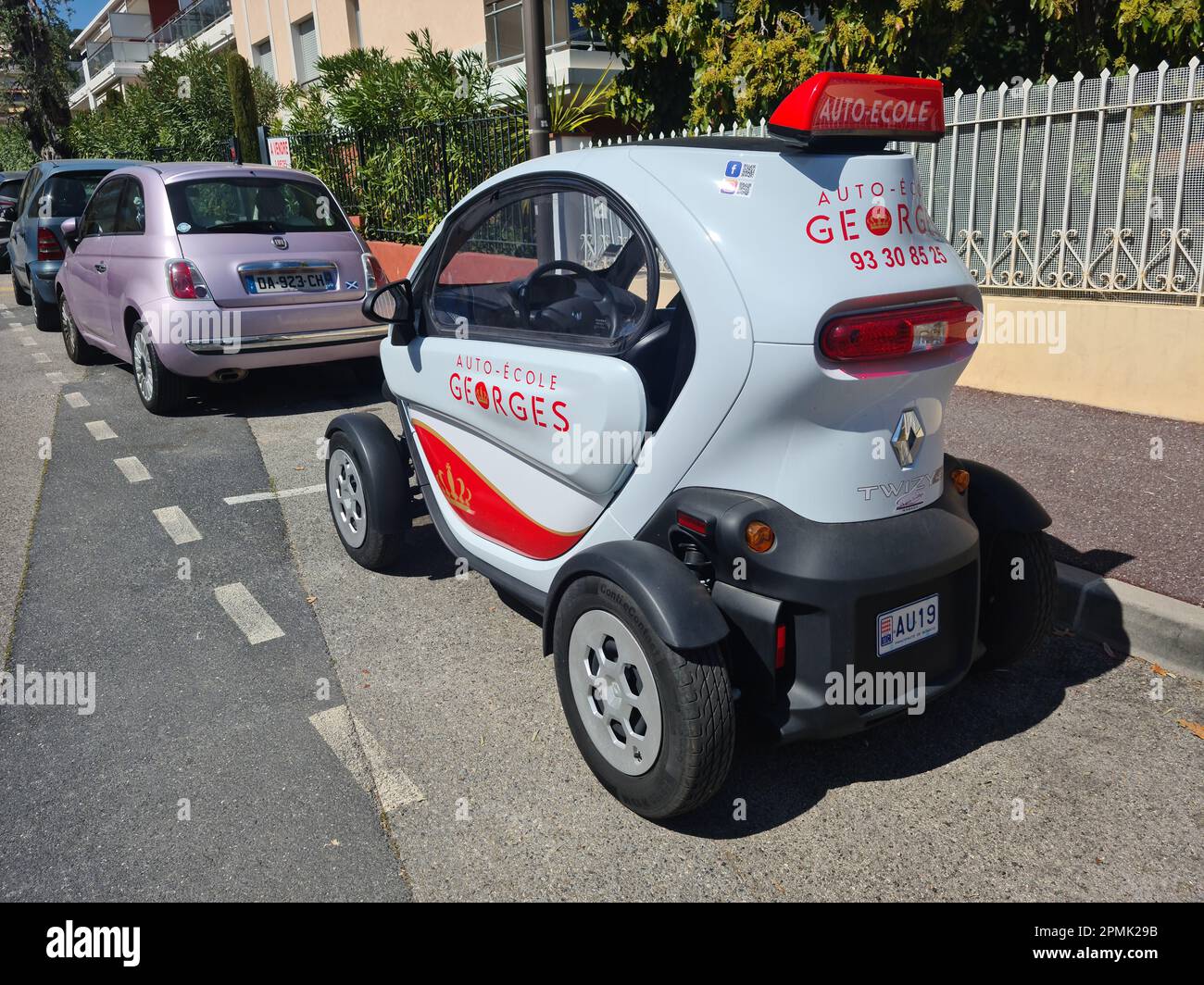 Roquebrune-Cap-Martin, France, 15 Aprilr 2022: A compact Renault Twizy 45 electric vehicle, belonging to Georges Driving School in Monaco, photographe Stock Photo