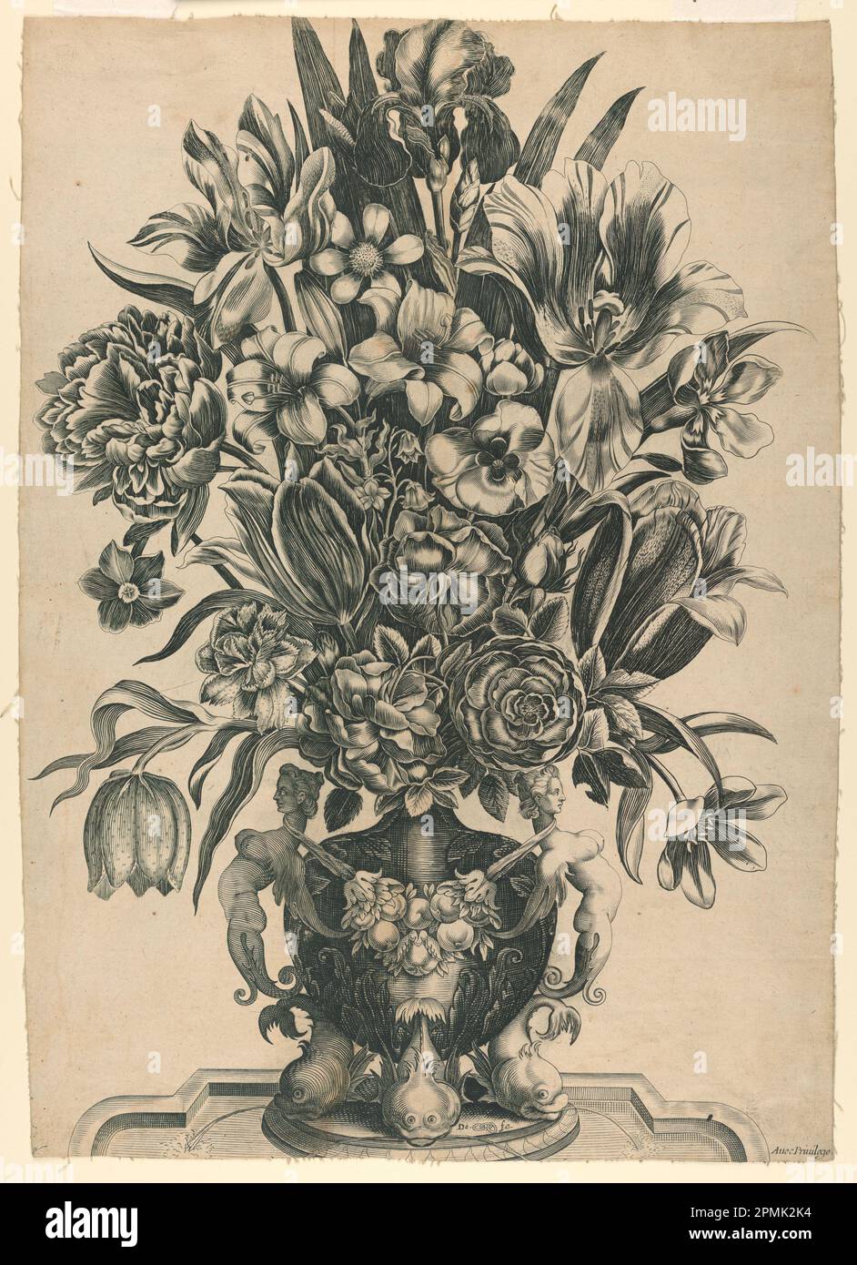 Print, Flowers in a Vase; Unknown (French); Attributed to Mathurin Duchesne (1630/48 – ?); France; engraving support: white laid paper, lined with cotton or linen cloth; 48.9 x 35.1 cm (19 1/4 x 13 13/16 in.) dimensions vary Mat: 55.9 x 40.6 cm (22 x 16 in.) Stock Photo