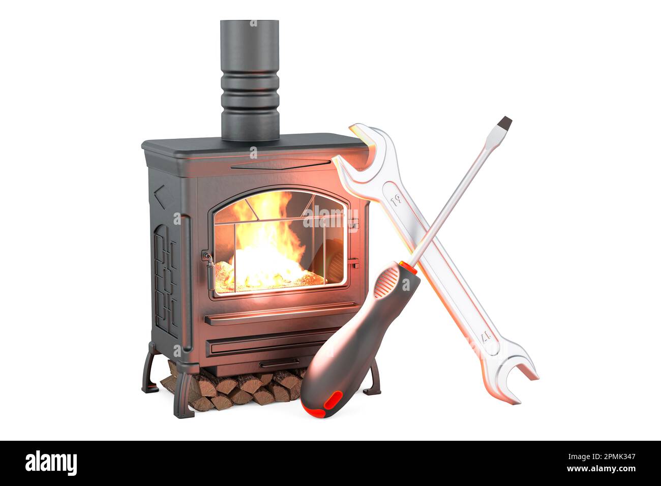 Potbelly stove, wood burner stove with chimney pipe and firewood burning,  3D rendering isolated on white background Stock Photo - Alamy