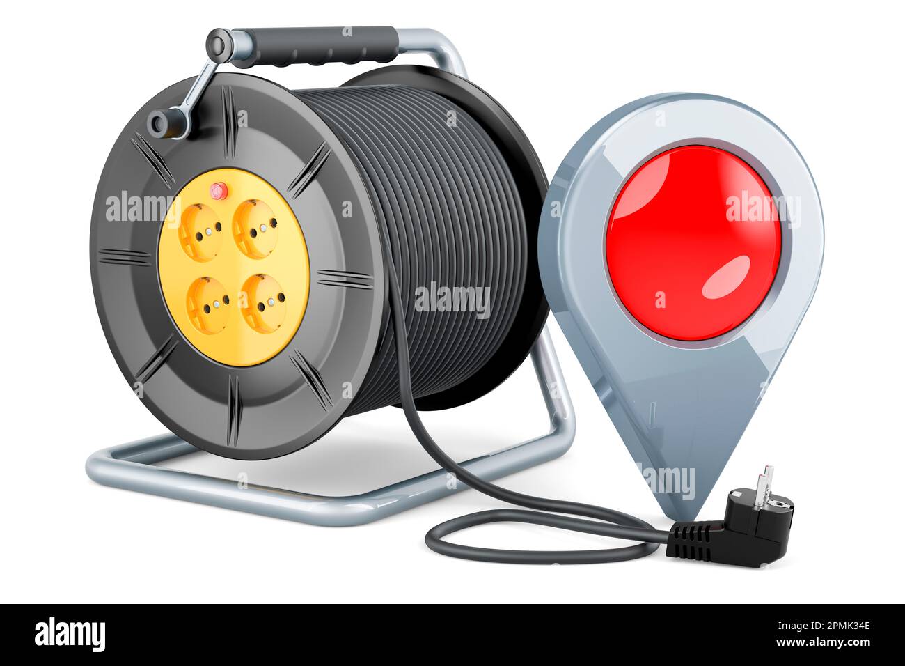 Industrial cable reel with map pointer, 3D rendering isolated on white ...