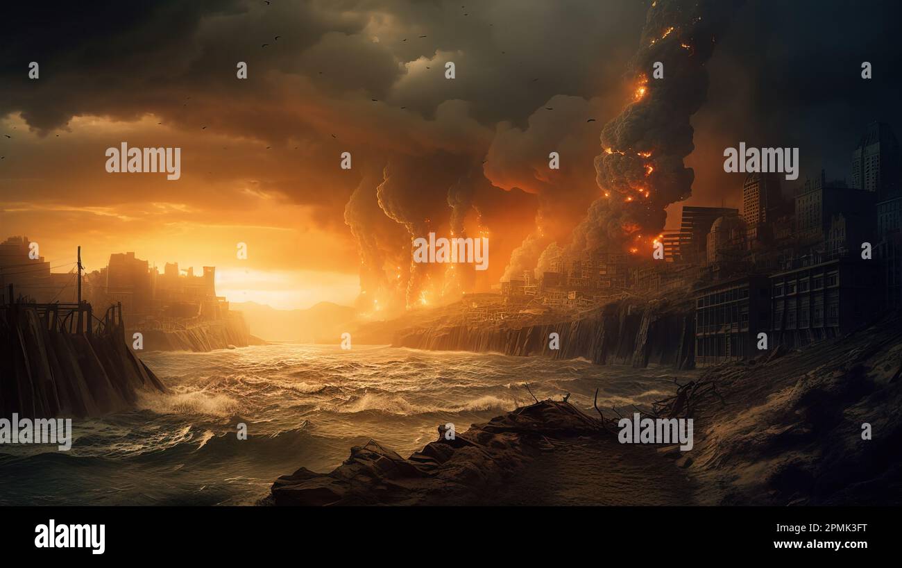 Dramatic religious background - hell realm, bright lightnings in dark red apocalyptic sky, judgement day, end of world, eternal damnation. Stock Photo