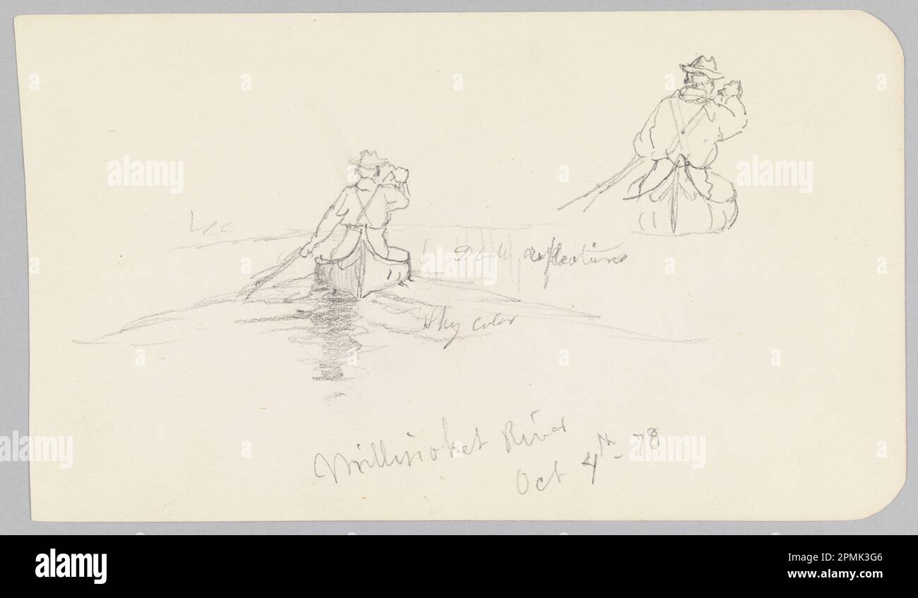 Drawing, Man Paddling a Canoe on Millinoket [sic] River; Frederic Edwin Church (American, 1826–1900); USA; graphite on cream paper; 10.2 x 17.7 cm (4 in. x 6 15/16 in.) Stock Photo