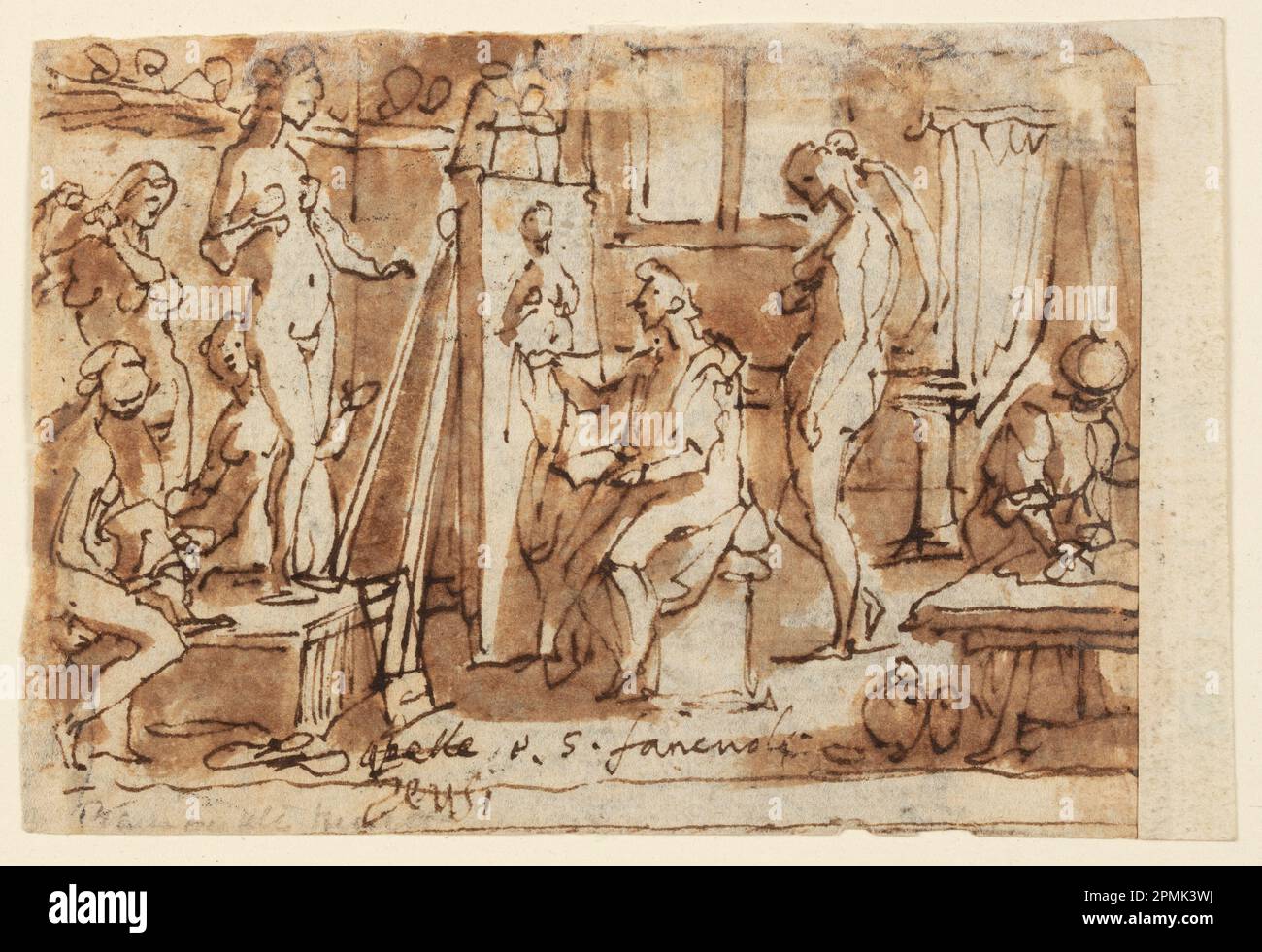 Drawing, Zeuxis painting Helen; Jan van der Straet, called Stradanus (Flemish, 1523–1605); Netherlands; pen and brown ink, brush and wash on laid paper ; 9.9 × 7 cm (3 7/8 × 2 3/4 in.) Stock Photo