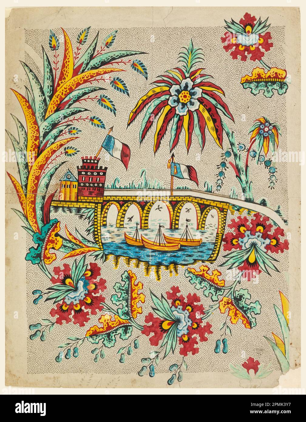 Drawing, Proof of Design for a Printed Textile; France; colored woodblock on paper; 35.7 x 27.8 cm (14 1/16 x 10 15/16 in.) Stock Photo