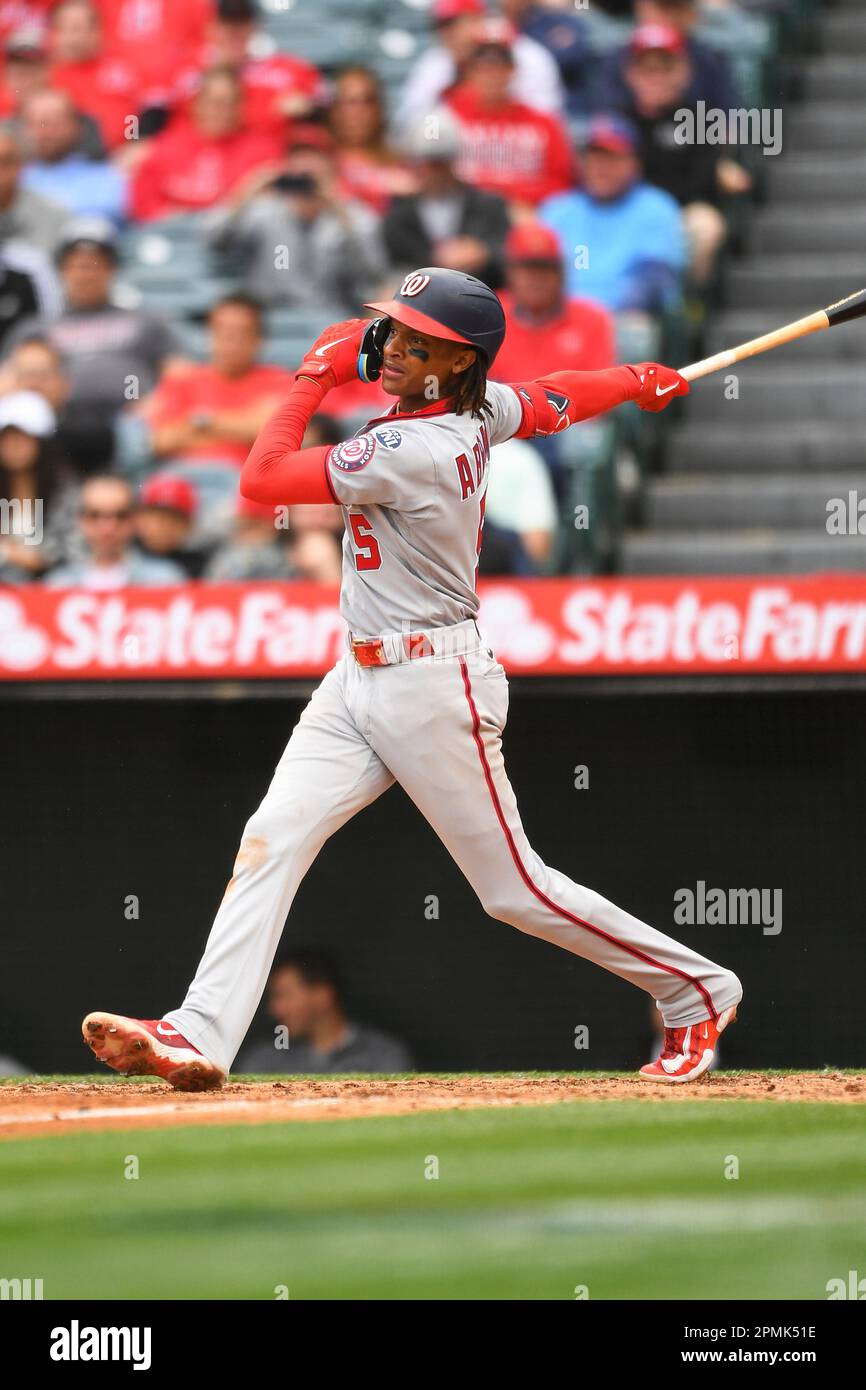 ANAHEIM, CA - APRIL 12: Washington Nationals shortstop CJ Abrams (5) swings  at a pitch during the MLB game between the Washington Nationals and the Los  Angeles Angels of Anaheim on April