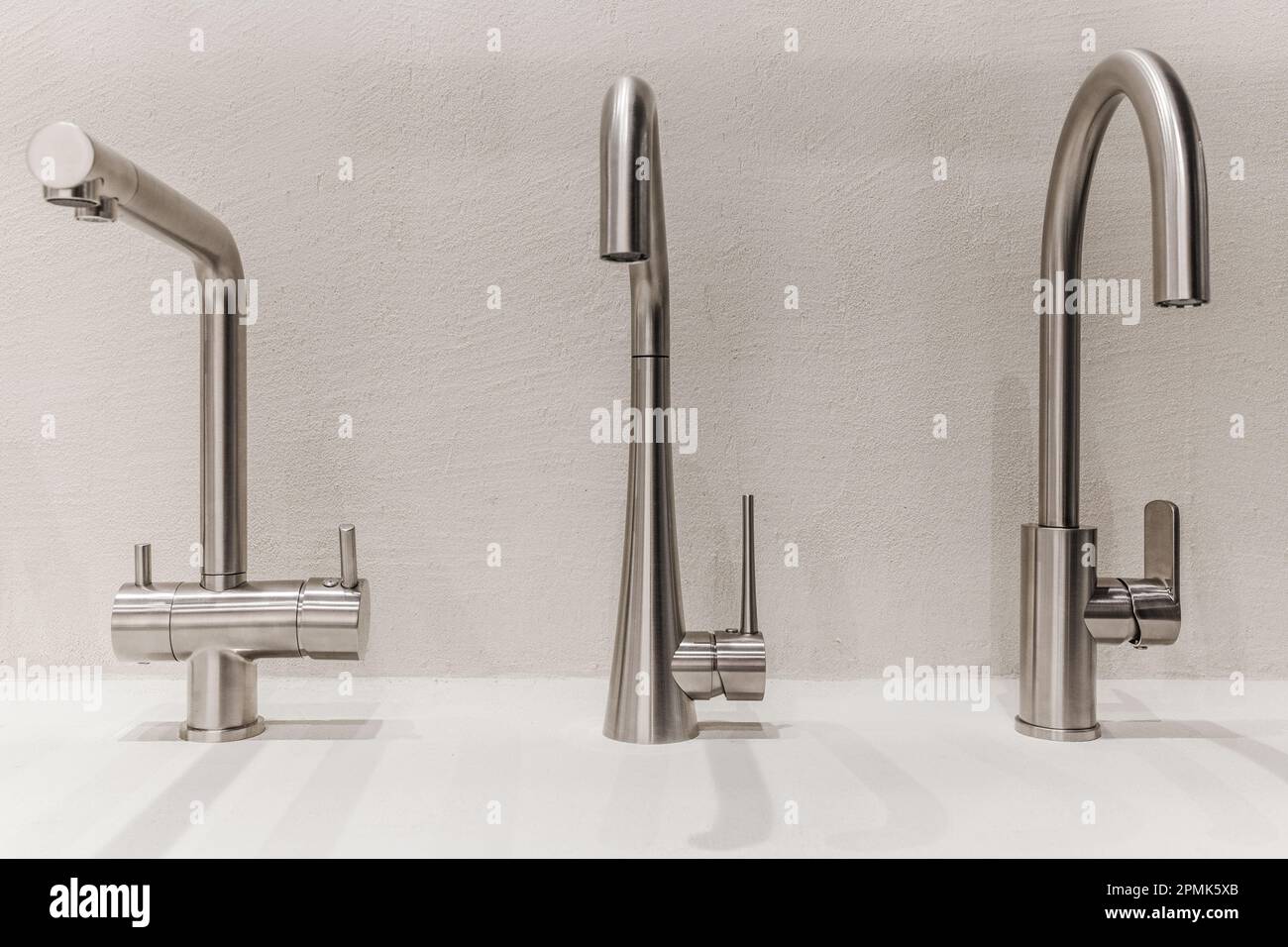 Exhibition of designer water taps for the kitchen and bathroom Stock Photo