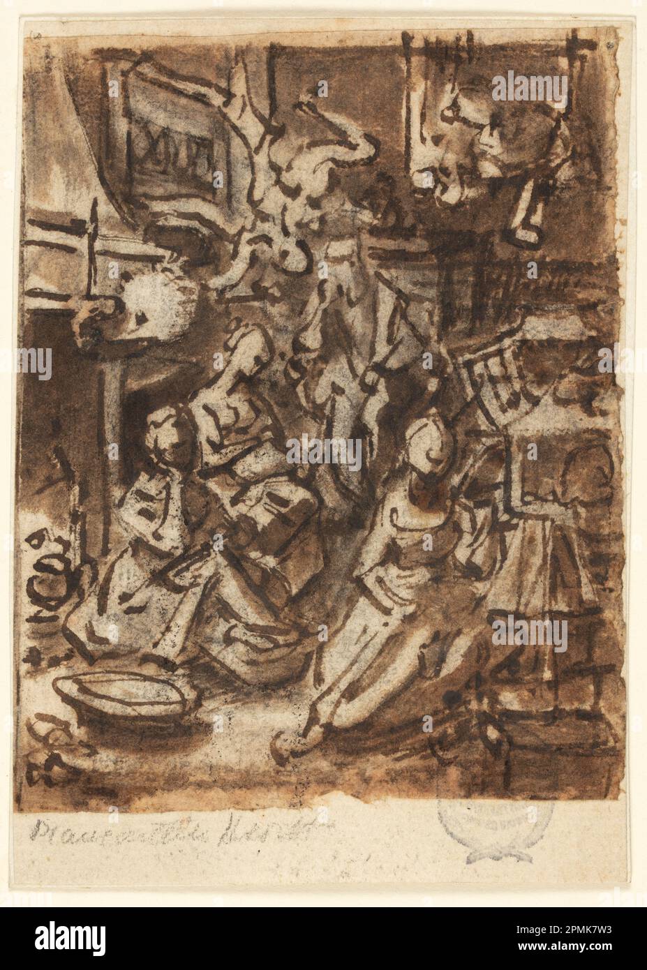 Drawing, The Charity of Saint Nicholas; Jan van der Straet, called Stradanus (Flemish, 1523–1605); Engraved by Theodor Galle; Published by Philips Galle (Flemish, 1537 - 1612); Netherlands; pen and ink, brush and brown wash, over black chalk on laid paper; 10.4 × 8.2 cm (4 1/8 × 3 1/4 in.) Stock Photo
