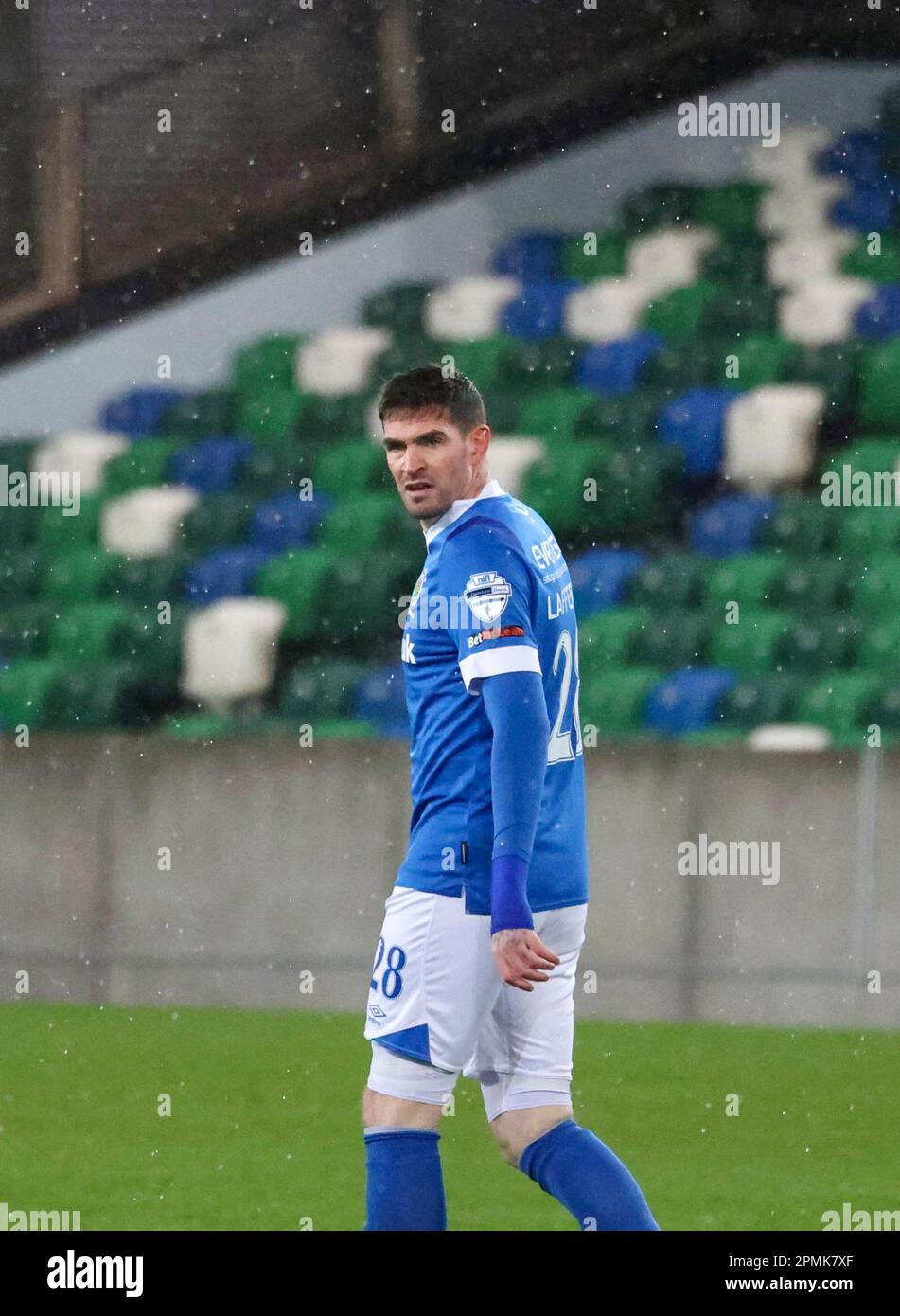 Windsor Park, Belfast, Northern Ireland, UK. 12 April 2023. Danske Bank Premiership – Linfield 1 Glentoran 1.Footballer in action Linfield football player Kyle Lafferty (28). Stock Photo