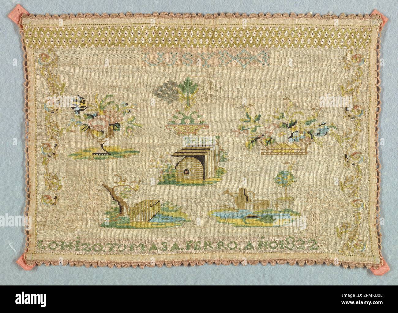 Sampler (Spain); Embroidered by Tomasa Ferro; silk embroidery, linen foundation; Warp x Weft: 19 x 27 cm (7 1/2 x 10 5/8 in.); Bequest of Mrs. Henry E. Coe; 1941-69-240 Stock Photo