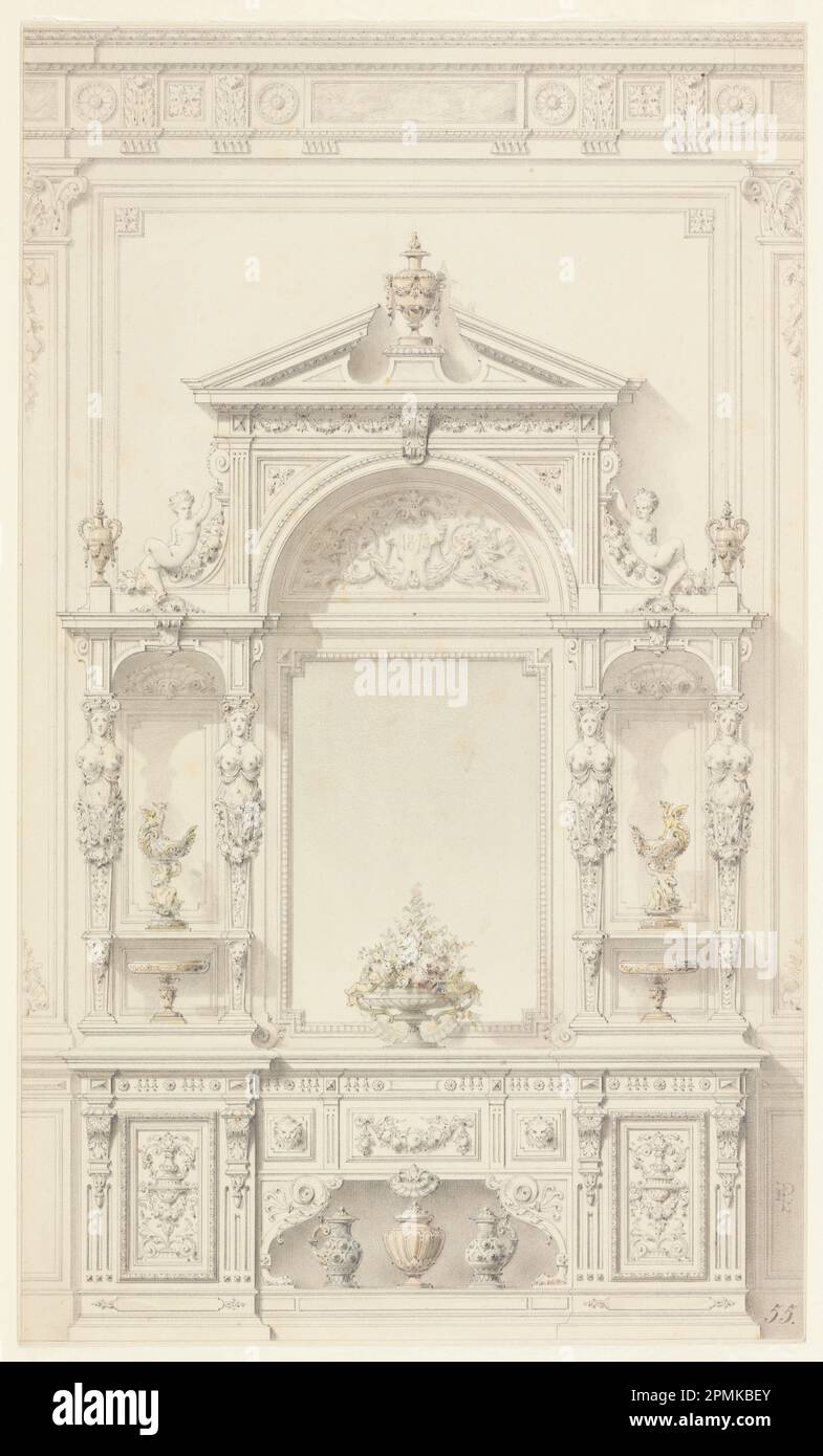 Drawing, Design for Meuble de Vestibule; Architect: Alexandre-Eugène Prignot; France; graphite, color pencil, brush and watercolor on cream paper; 41.2 x 24.7 cm (16 1/4 x 9 3/4 in.); 1987-86-2 Stock Photo