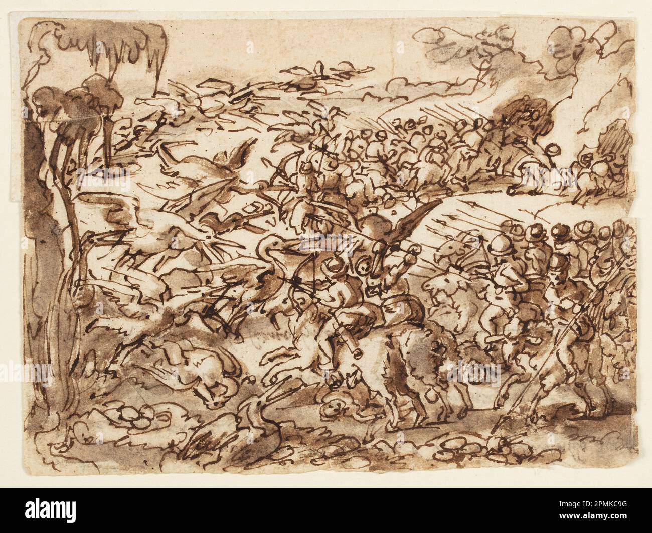 Drawing, Fight between Pygmies and Cranes; Jan van der Straet, called Stradanus (Flemish, 1523–1605); Engraved by Adriaen Collaert (Flemish, ca. 1560 – 1618); Published by Philips Galle (Flemish, 1537 - 1612); Subject: Homer (Greek (active 8th or 9th century BCE)), Pliny the Elder (Roman, 23 - 79 CE); Netherlands; pen and brown ink, brush and brown wash on paper Stock Photo