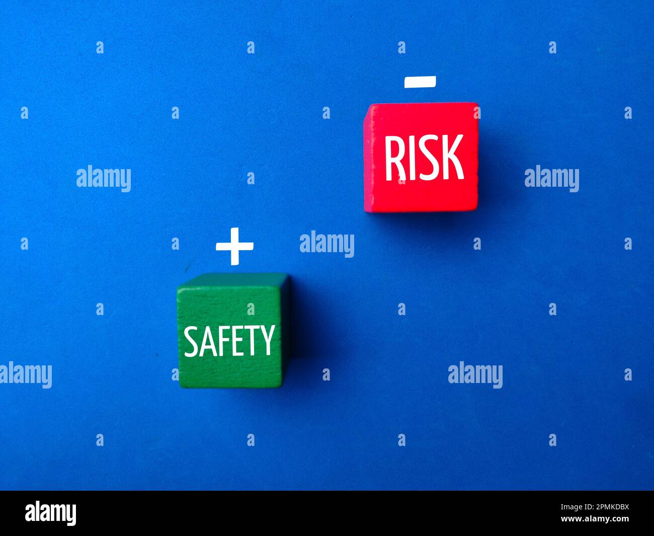 Wooden cube with the word SAFETY RISK on a blue background. Business concept. Stock Photo