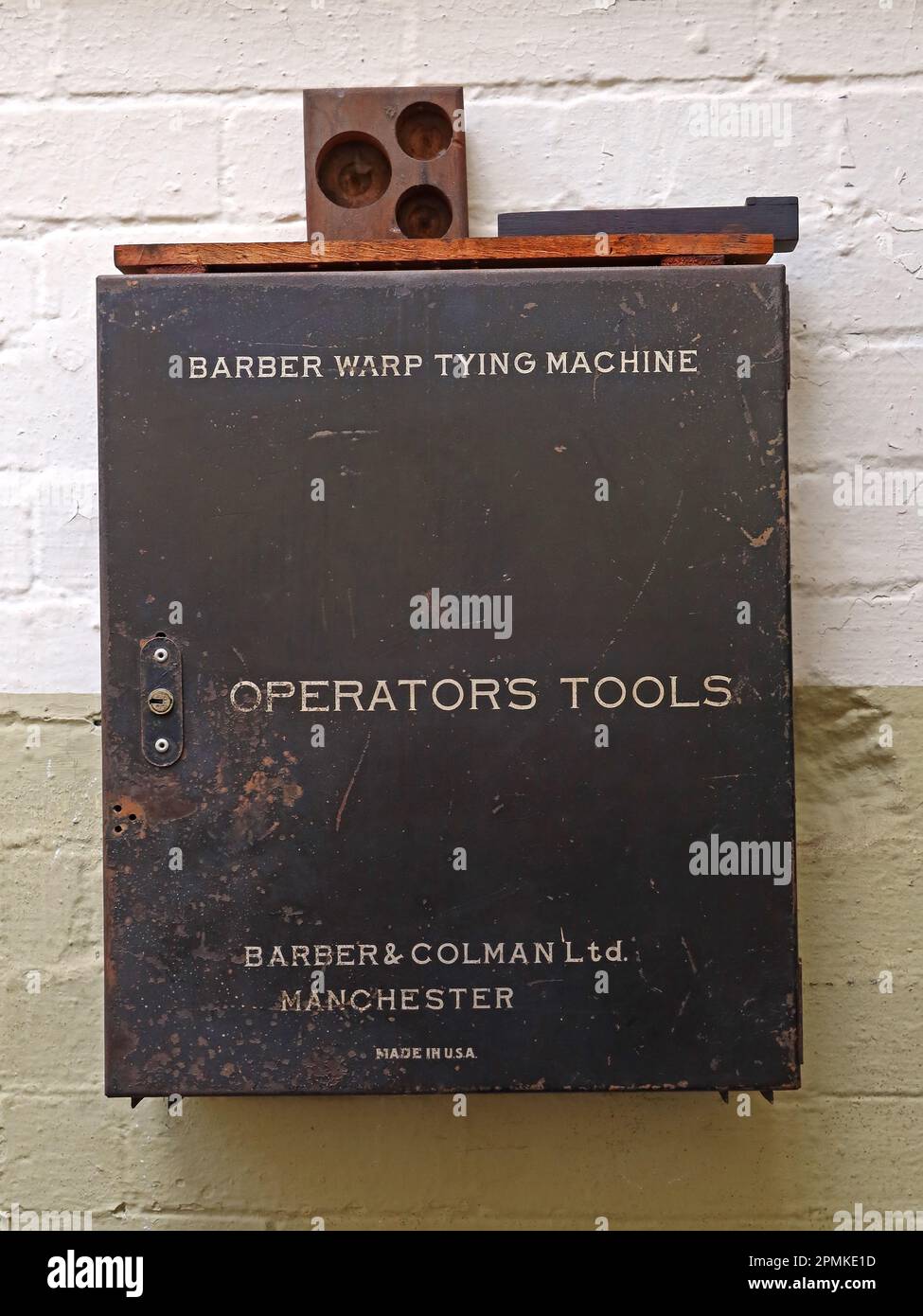 Box of operators tools, Barber Warp Tying machine, Barber & Colman Manchester, made in USA Stock Photo