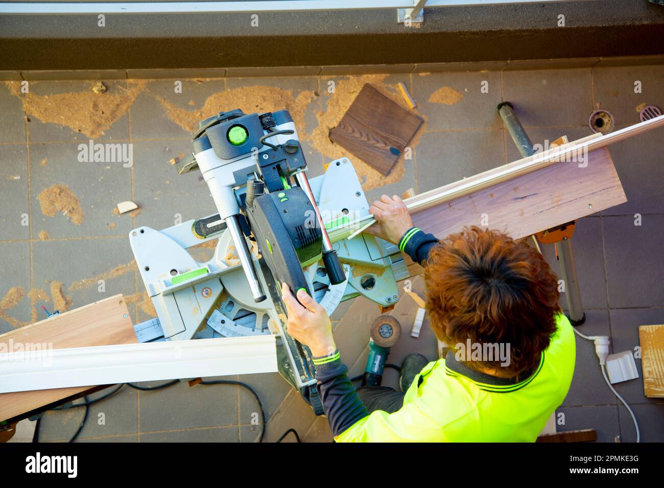 Industrial Miter Saw in Use Stock Photo - Alamy