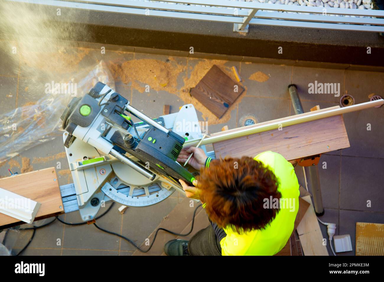 Industrial Miter Saw in Use Stock Photo - Alamy