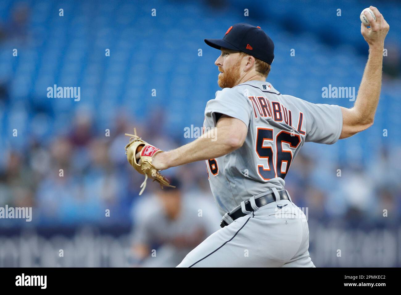 TORONTO, ON, CANADA: April 13, 2023, Detroit Tigers starting pitcher  Spencer Turnbull (56) throws during first inning MLB American League  baseball action against the Toronto Blue Jays in Toronto on Thursday, April